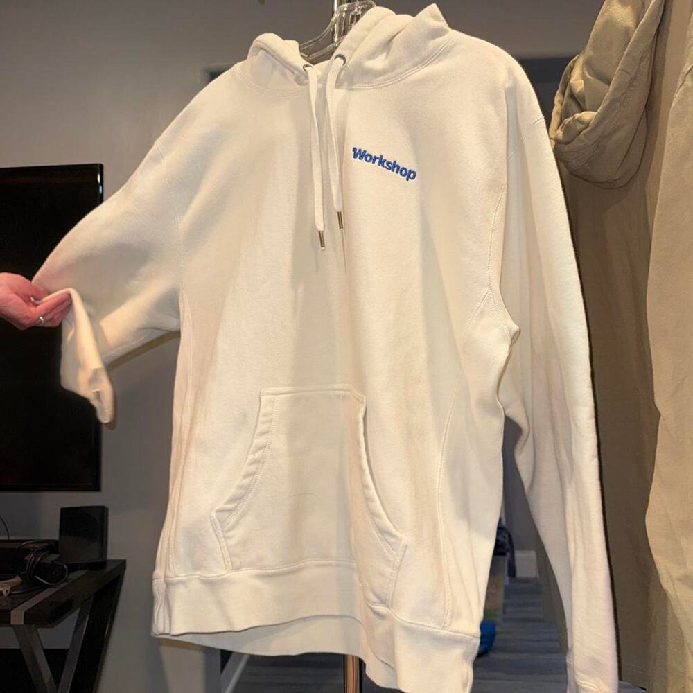 White workshop hoodie with blue